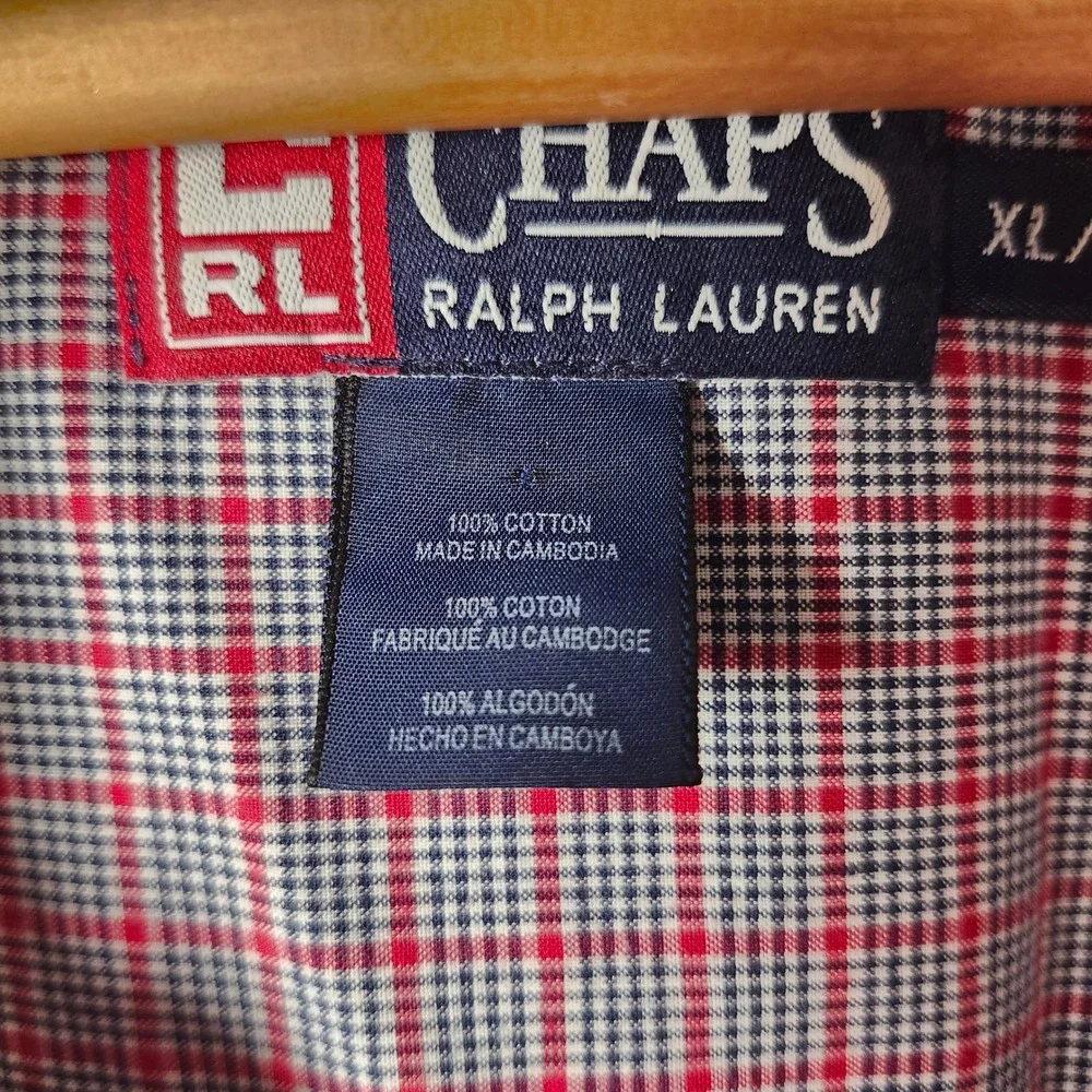 VTG Chaps Ralph Lauren Men Plaid Button Down Shirt Red Blue White Size XL Casual
